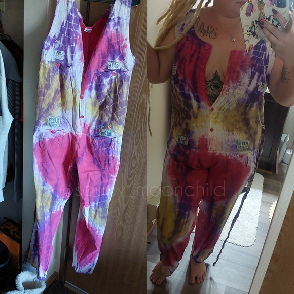 Rare vintage tie dye one piece cotton jumpsuit 90s vtg button patchwork cute